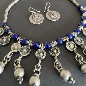 African Artisanal Silver Necklace with Blue Beads - Ethiopia -Nomadic - Handmade